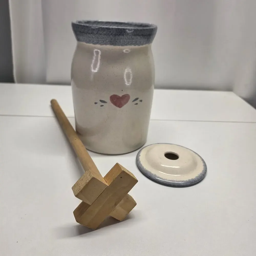 Vintage Stoneware Butter Churn 5 Gallon Crock With Lid And Masher Fruit Decor